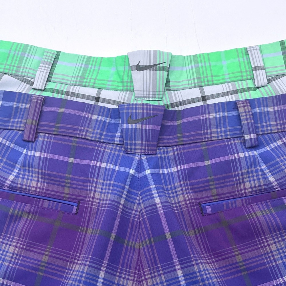 Lot of 2 Nike Golf Tour Performance Dri-FIT Plaid Shorts Mens 32 Green Purple 12